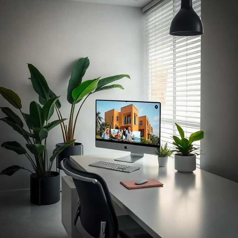 Real estate agent reviewing floor plans and property photos in the office