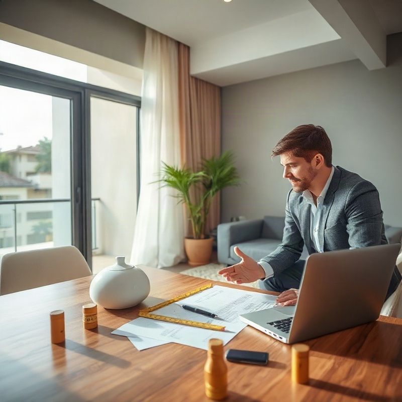 Professional checking measurements on an apartment floor plan